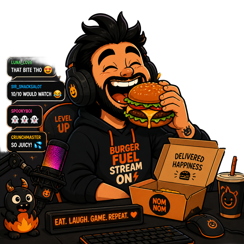 Cartoon illustration of a laughing streamer eating a delivered meal during a live stream
